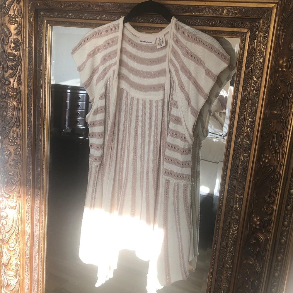 DKNY Cream and Tan Short Sleeve Cardigan